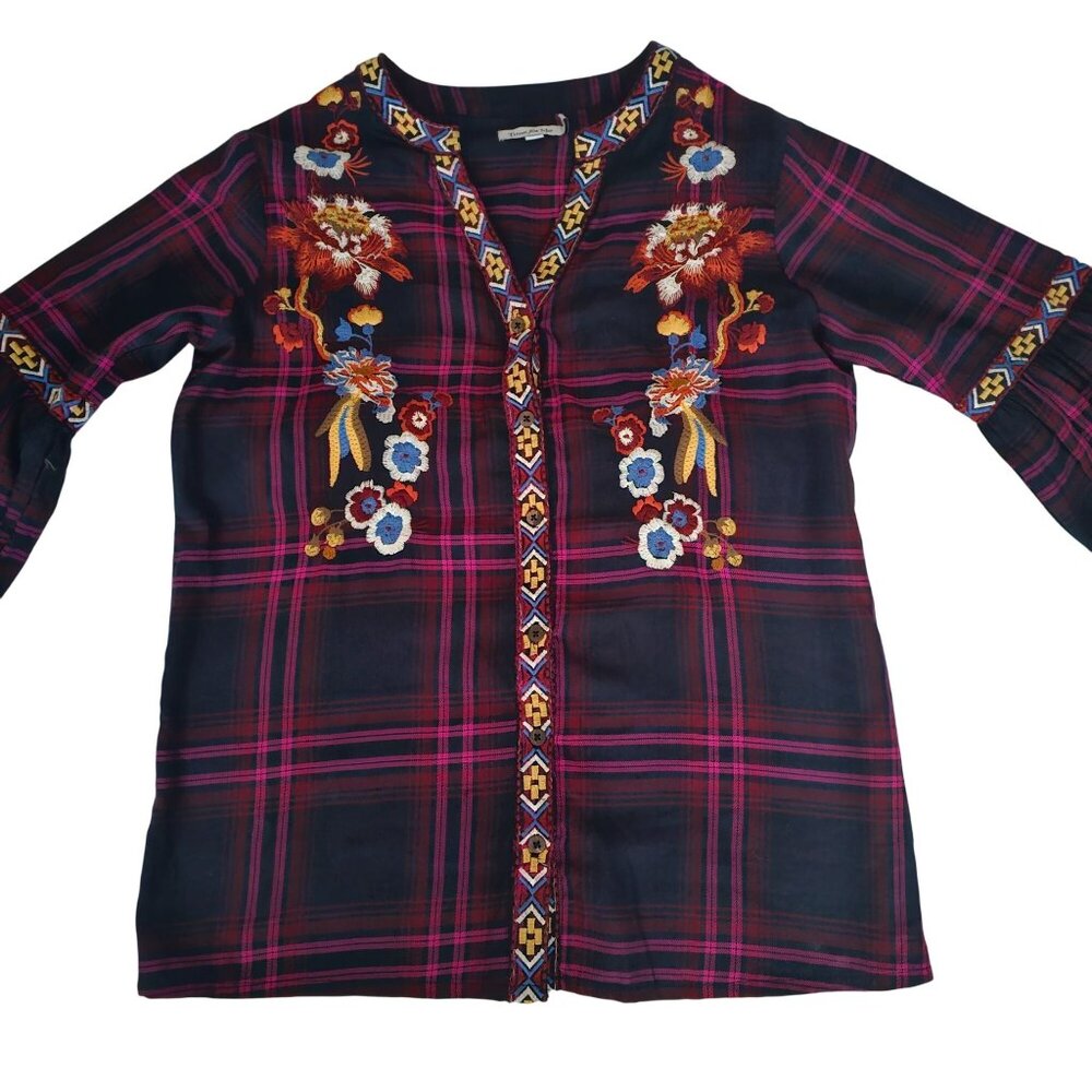 Time For Me Plaid Embroidered Floral Balloon Sleeve V-Neck Blouse Women's Small - Picture 5 of 15